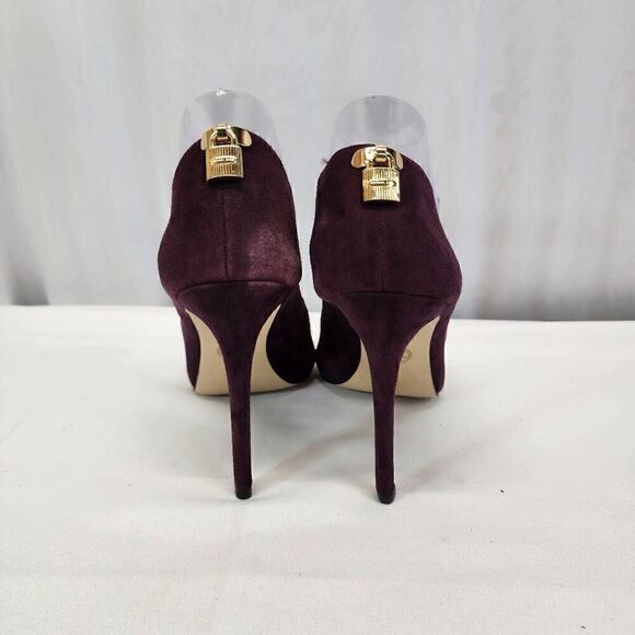 Michael Kors Burgandy Suede Heels Lock Hardware Size 8.5 - Picture 4 of 12
